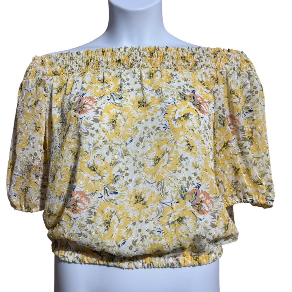 Joie Yellow floral off the shoulder smocked slightly cropped blouse - medium